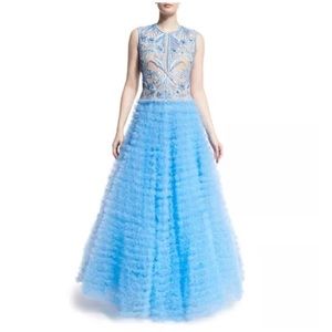 NAEEM KHAN BLUE TULLE EMBROIDERED RUFFLE GOWN